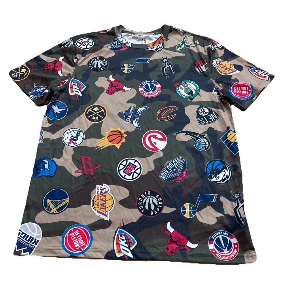 NBA‎ Multi Team Logo T Shirt Men's Size Large Camo Short Sleeve Jersey Poly